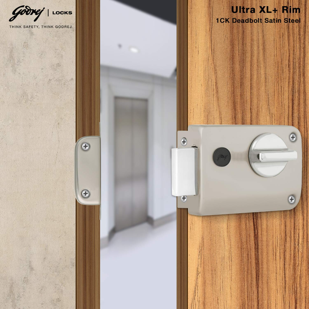 Godrej Rim Lock I Rim Deadbolt Ultra XL Plus I 1CK Deadbolt I For Inside Opening Wooden Main Door | Left or Right Handed Doors I 4 Keys I 5-Year Warranty I Manual Locking I Satin Nickel Finish